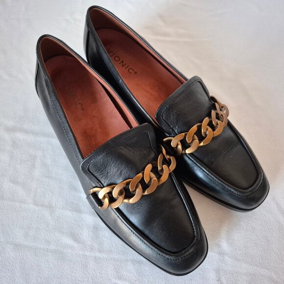 Vionic Mizelle Black Leather Loafer Comfort Arch Support Gold-Tone Chunky Chain - Picture 4 of 12